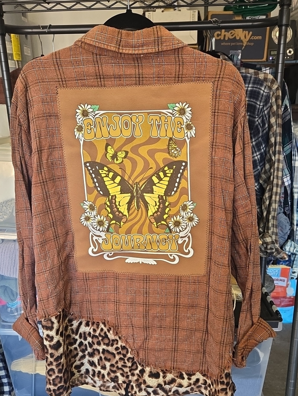 ODDY Brown Plaid Button-Down with Yellow Butterfly Back Patch